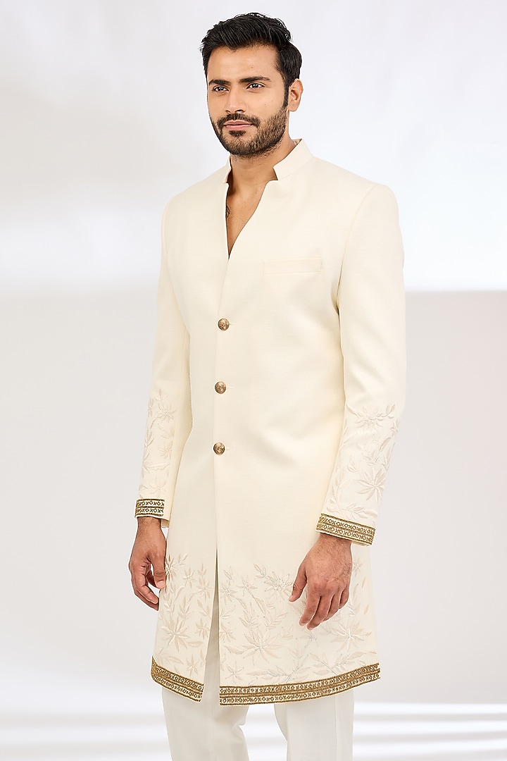 Ivory Linen Silk Resham Work Wedding Indowestern Set by Dev Kumar at Pernia's Pop Up Shop