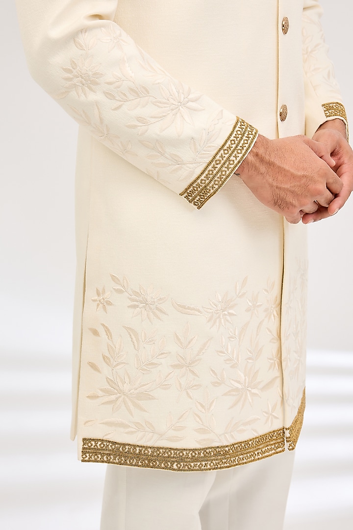 Ivory Linen Silk Resham Work Wedding Indowestern Set by Dev Kumar at Pernia's Pop Up Shop