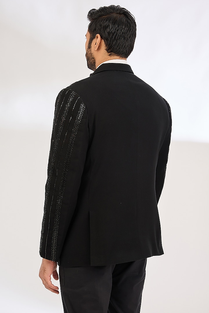 Black Italian Crepe Bead Hand Embroidered Tuxedo Set by Dev Kumar at Pernia's Pop Up Shop