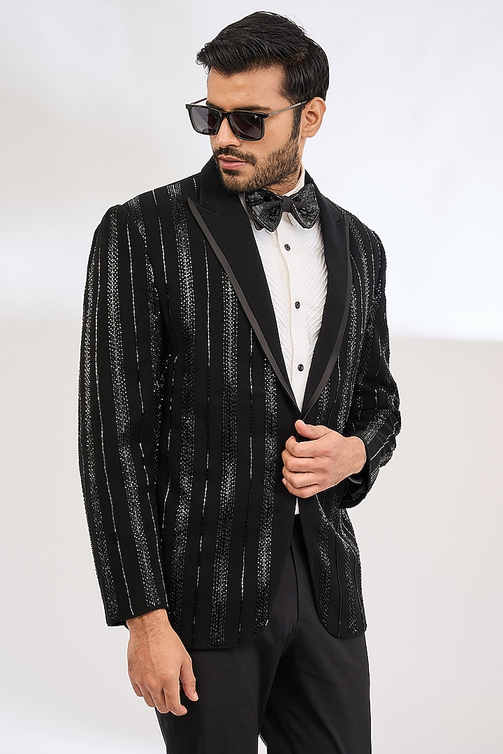Black Italian Crepe Bead Hand Embroidered Tuxedo Set by Dev Kumar at Pernia's Pop Up Shop