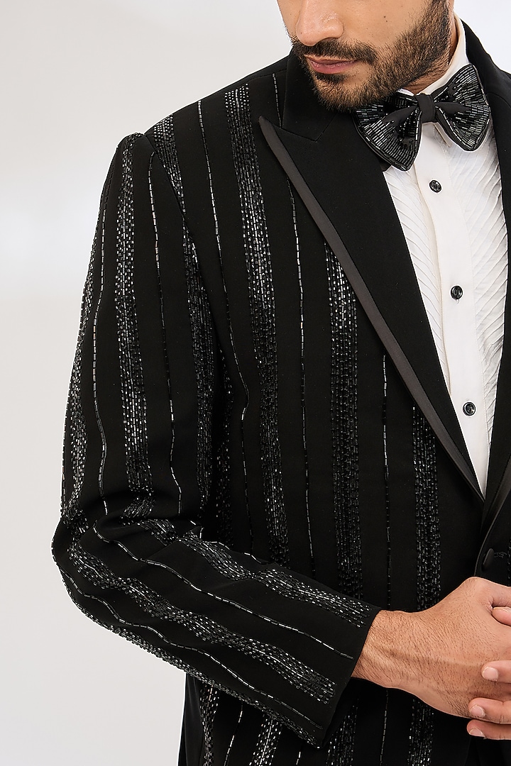 Black Italian Crepe Bead Hand Embroidered Tuxedo Set by Dev Kumar at Pernia's Pop Up Shop