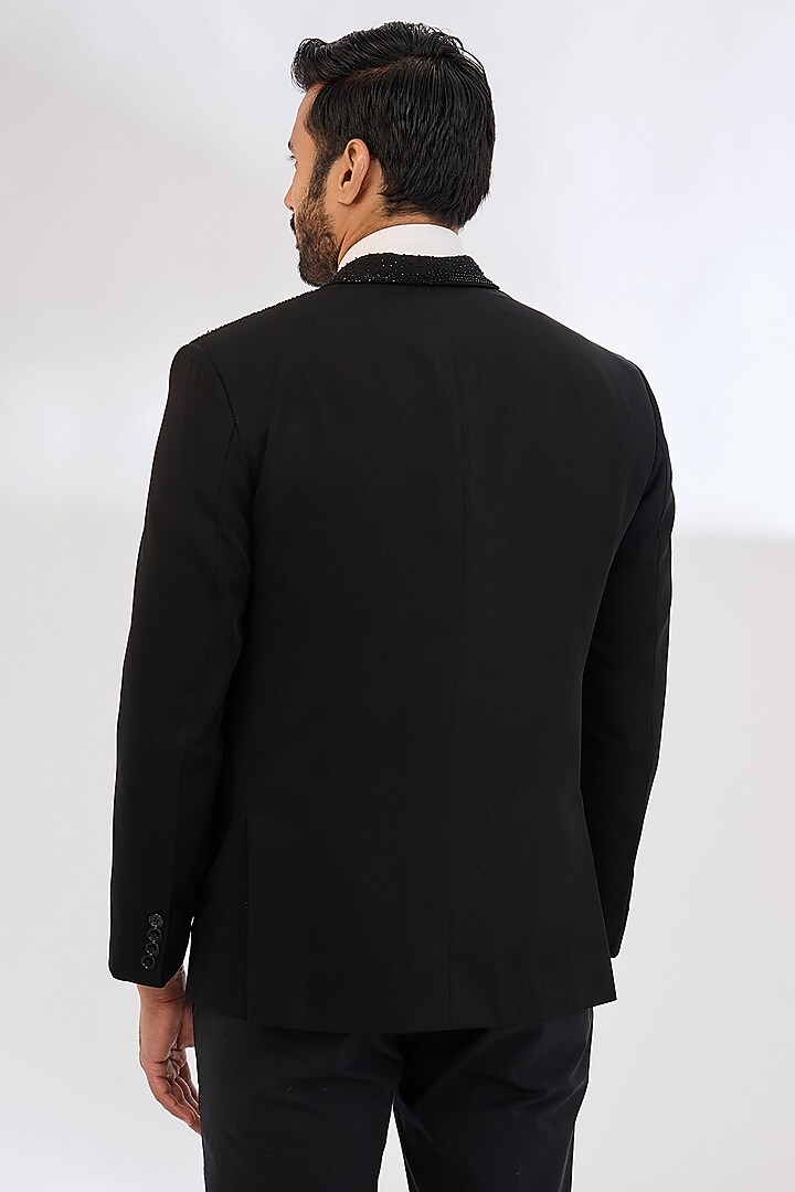 Black Italian Crepe Bead Hand Embroidered Tuxedo Set by Dev Kumar at Pernia's Pop Up Shop