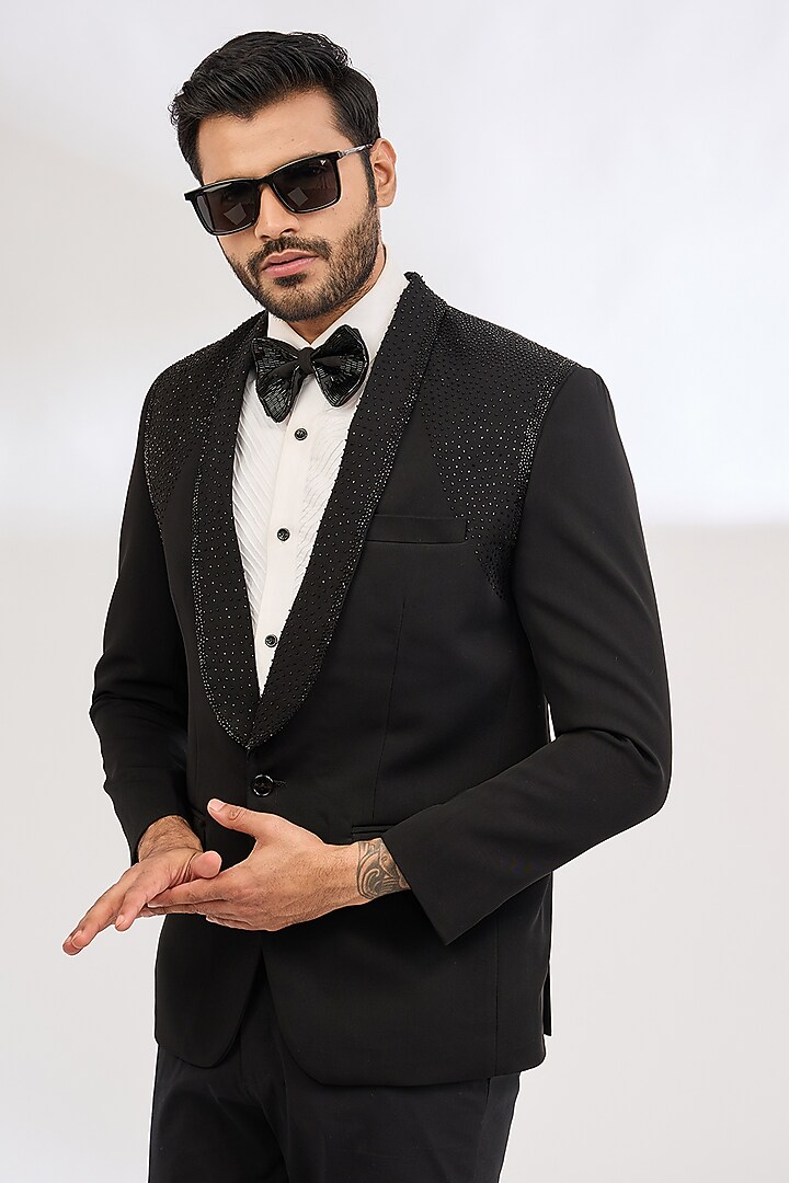 Black Italian Crepe Bead Hand Embroidered Tuxedo Set by Dev Kumar at Pernia's Pop Up Shop