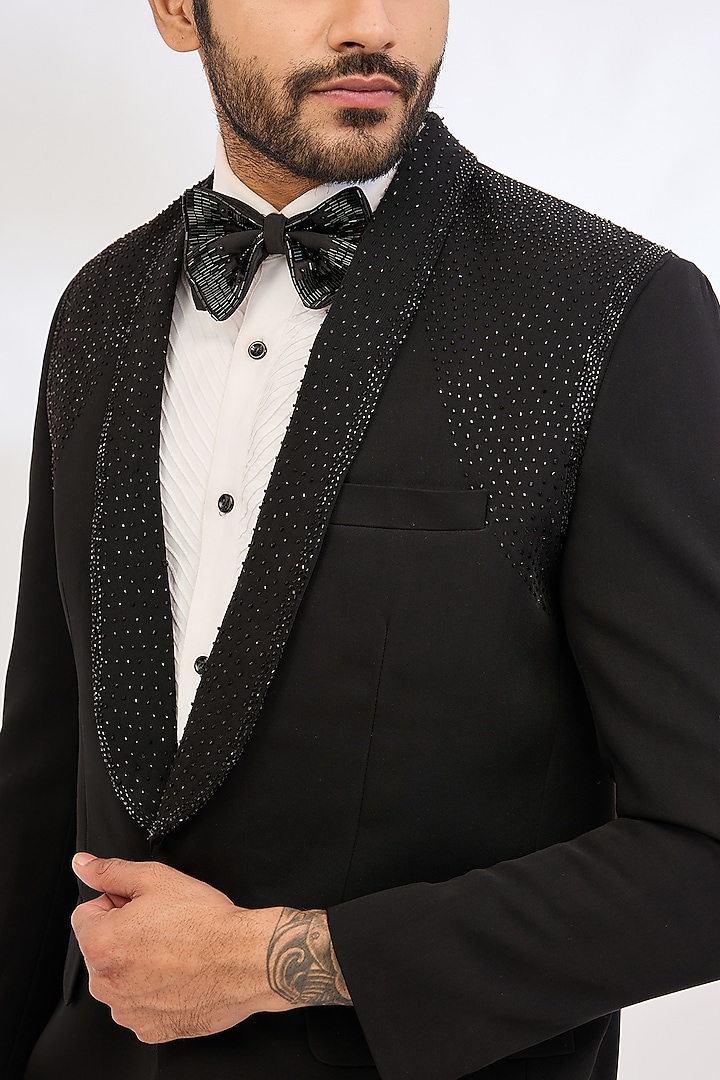 Black Italian Crepe Bead Hand Embroidered Tuxedo Set by Dev Kumar at Pernia's Pop Up Shop
