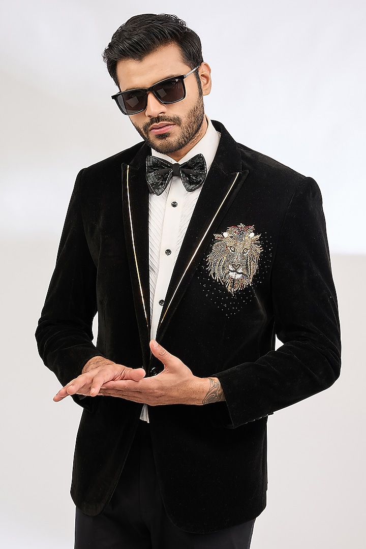 Black Velvet Cutdana Hand Embroidered Tuxedo Set by Dev Kumar at Pernia's Pop Up Shop