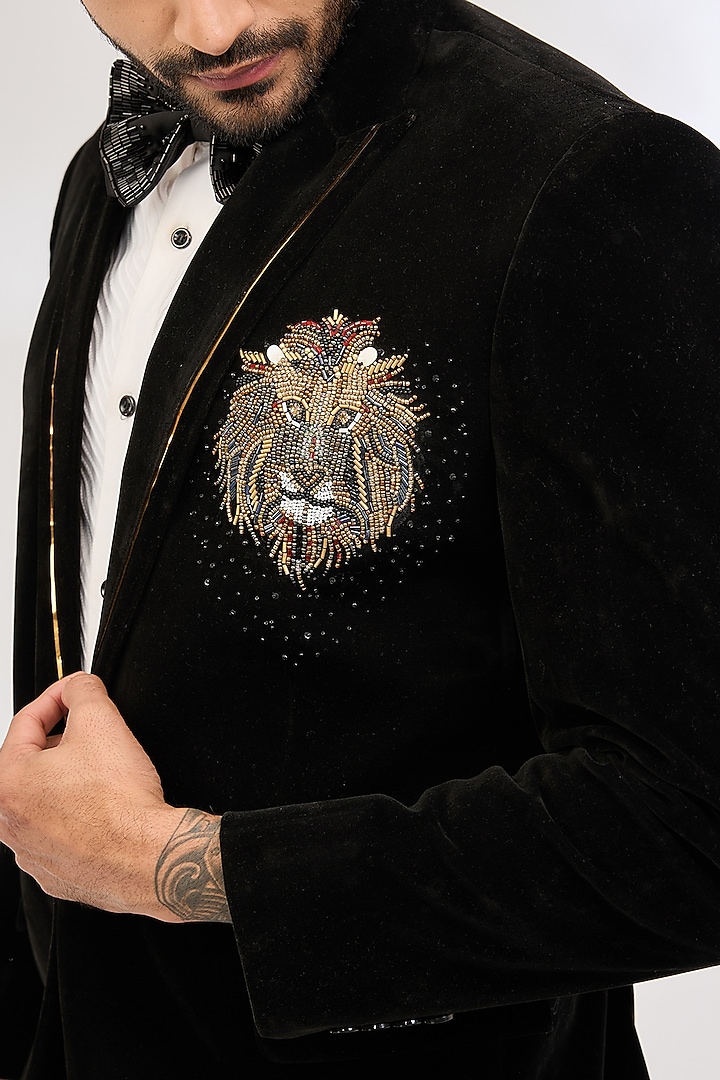 Black Velvet Cutdana Hand Embroidered Tuxedo Set by Dev Kumar at Pernia's Pop Up Shop