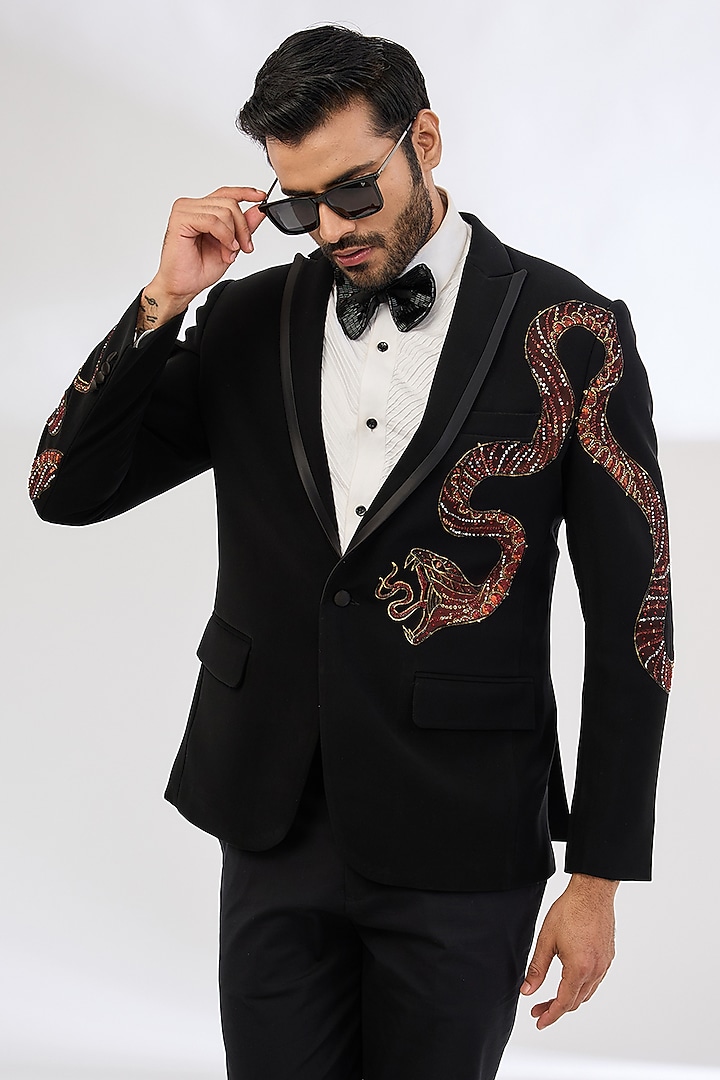 Black Italian Crepe Hand Painted Tuxedo Set by Dev Kumar at Pernia's Pop Up Shop