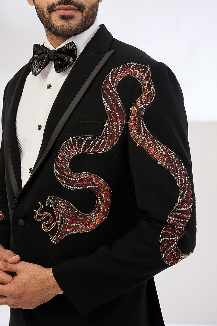 Black Italian Crepe Hand Painted Tuxedo Set by Dev Kumar at Pernia's Pop Up Shop