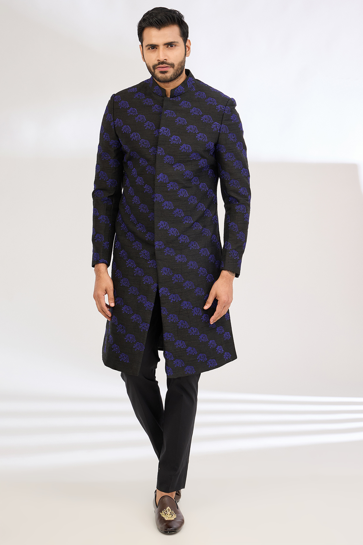 Blue Raw Silk Machine Embroidered Wedding Indowestern Set by Dev Kumar at Pernia's Pop Up Shop