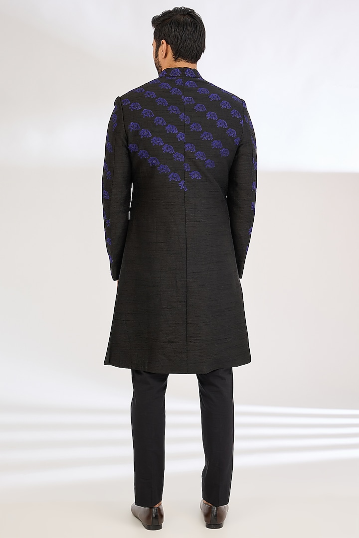 Blue Raw Silk Machine Embroidered Wedding Indowestern Set by Dev Kumar at Pernia's Pop Up Shop