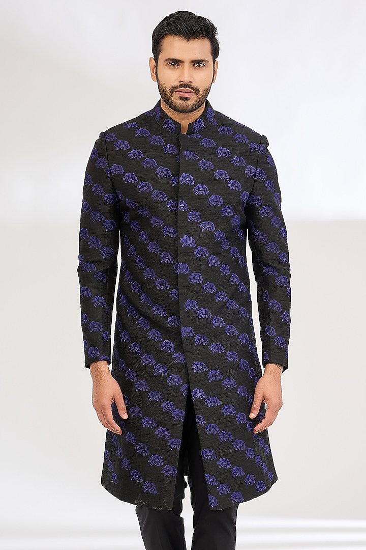 Blue Raw Silk Machine Embroidered Wedding Indowestern Set by Dev Kumar at Pernia's Pop Up Shop