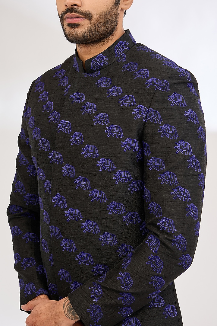 Blue Raw Silk Machine Embroidered Wedding Indowestern Set by Dev Kumar at Pernia's Pop Up Shop