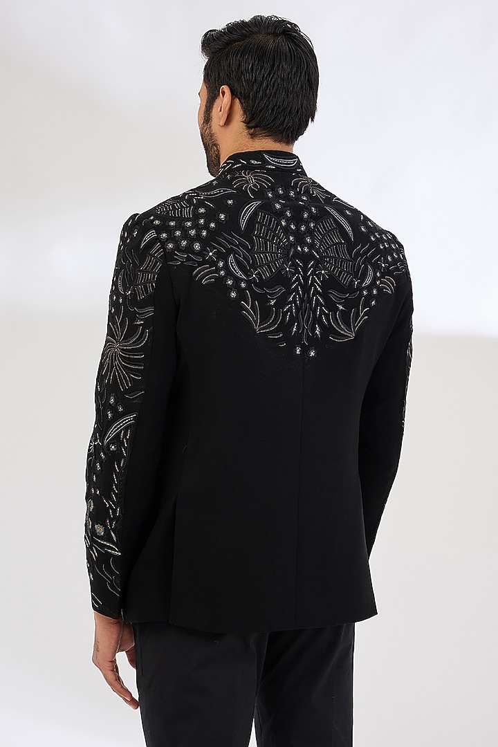 Black Italian Crepe Resham Hand Embroidered Wedding Bandhgala Set by Dev Kumar at Pernia's Pop Up Shop