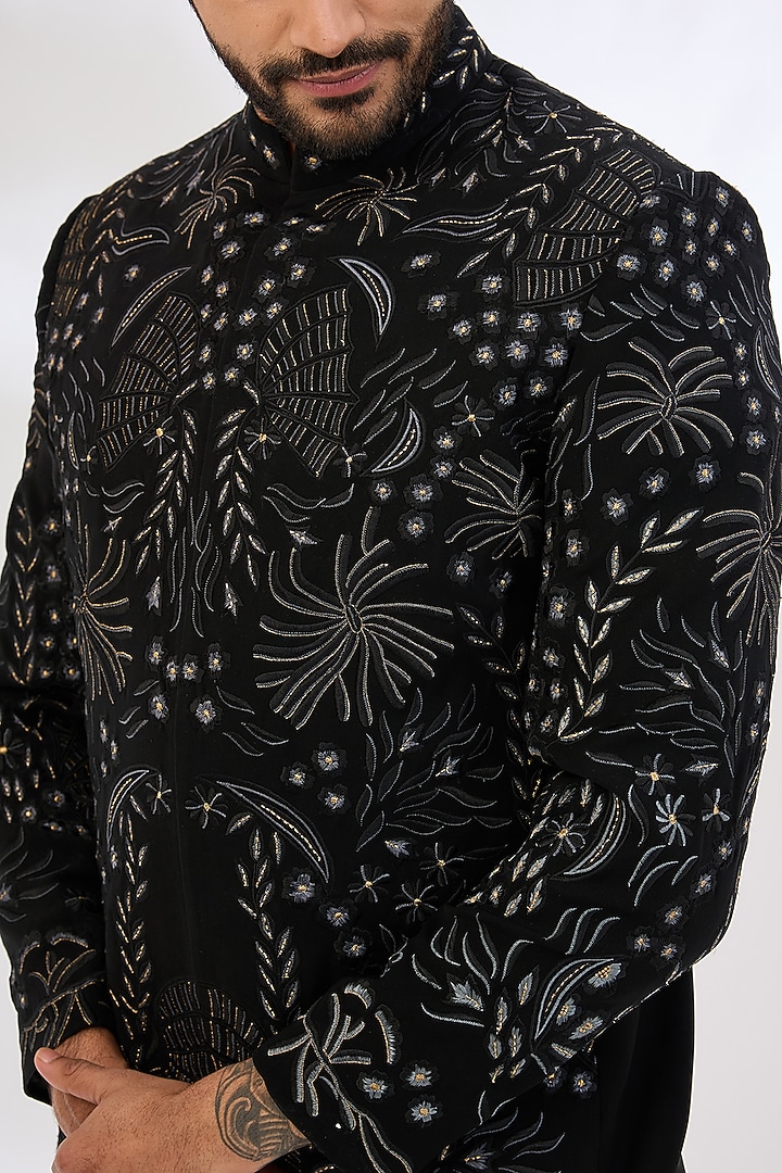 Black Italian Crepe Resham Hand Embroidered Wedding Bandhgala Set by Dev Kumar at Pernia's Pop Up Shop