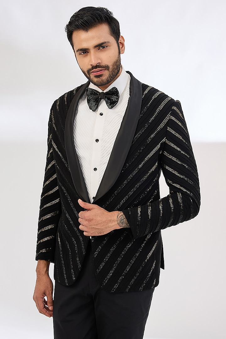 Black Italian Crepe Cutdana Hand Embroidered Tuxedo Set by Dev Kumar