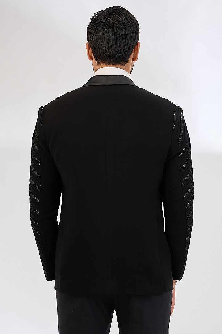 Black Italian Crepe Cutdana Hand Embroidered Tuxedo Set by Dev Kumar at Pernia's Pop Up Shop