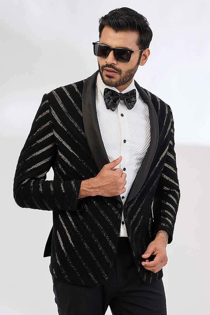 Black Italian Crepe Cutdana Hand Embroidered Tuxedo Set by Dev Kumar at Pernia's Pop Up Shop