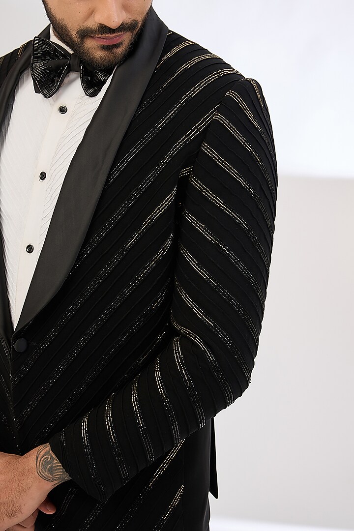 Black Italian Crepe Cutdana Hand Embroidered Tuxedo Set by Dev Kumar at Pernia's Pop Up Shop