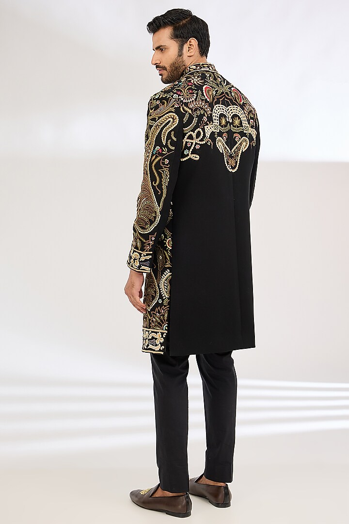 Black Italian Crepe Resham Hand Embroidered Wedding Indowestern Set by Dev Kumar at Pernia's Pop Up Shop