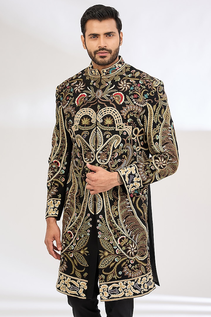 Black Italian Crepe Resham Hand Embroidered Wedding Indowestern Set by Dev Kumar at Pernia's Pop Up Shop