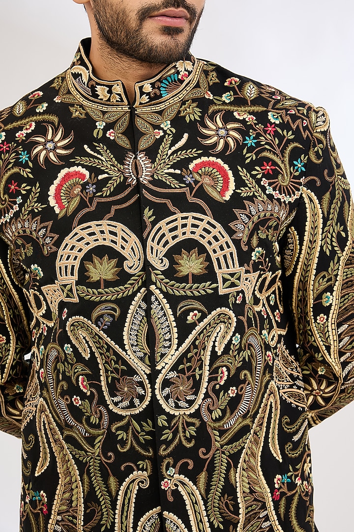 Black Italian Crepe Resham Hand Embroidered Wedding Indowestern Set by Dev Kumar at Pernia's Pop Up Shop