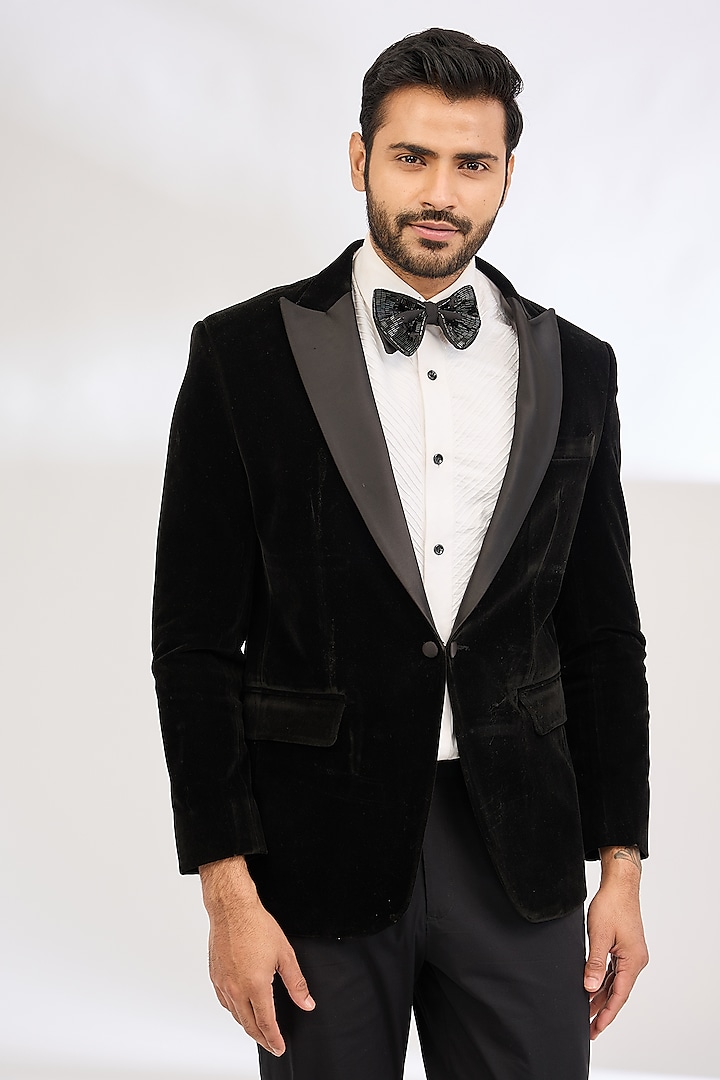 Black Italian Crepe Cutdana Hand Embroidered Tuxedo Set by Dev Kumar