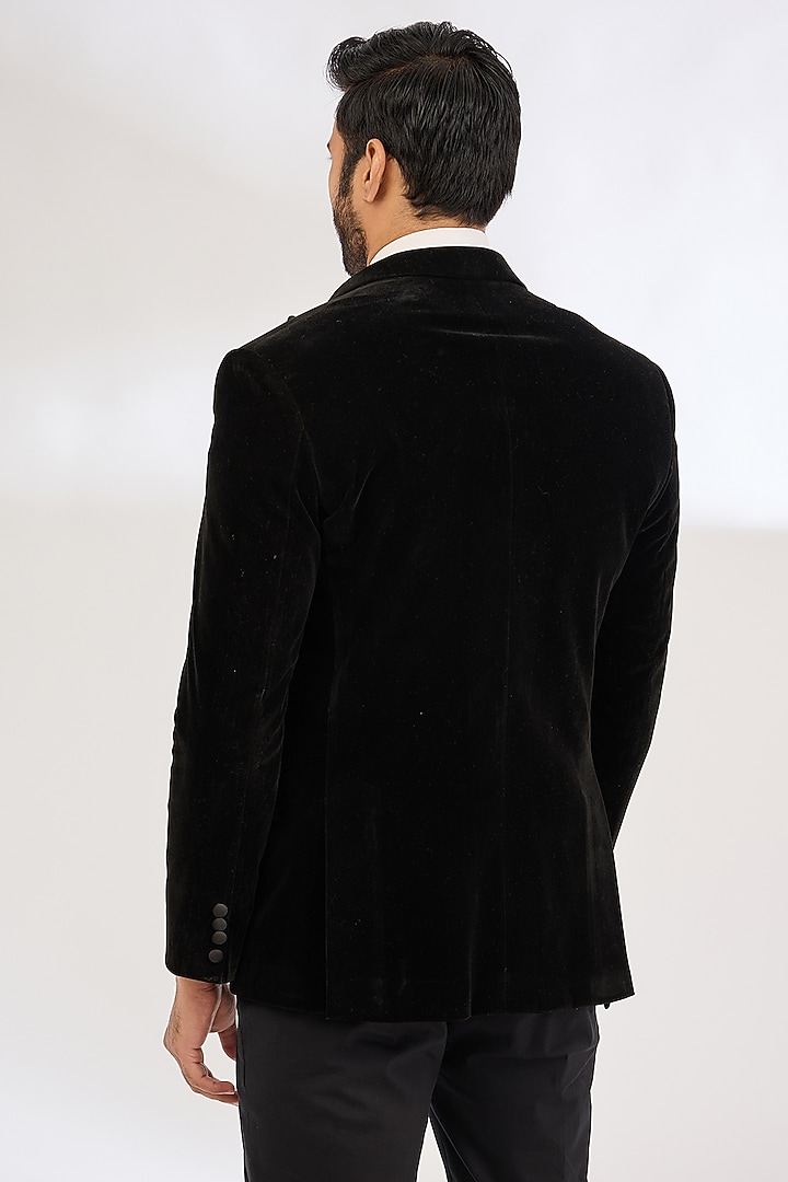 Black Italian Crepe Cutdana Hand Embroidered Tuxedo Set by Dev Kumar at Pernia's Pop Up Shop