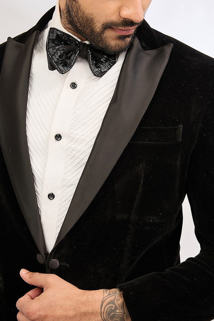 Black Italian Crepe Cutdana Hand Embroidered Tuxedo Set by Dev Kumar at Pernia's Pop Up Shop