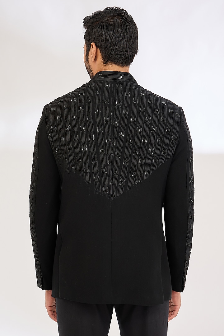 Black Italian Crepe Resham Hand Embroidered Wedding Bandhgala Set by Dev Kumar at Pernia's Pop Up Shop