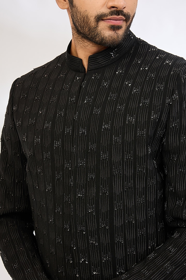 Black Italian Crepe Resham Hand Embroidered Wedding Bandhgala Set by Dev Kumar at Pernia's Pop Up Shop