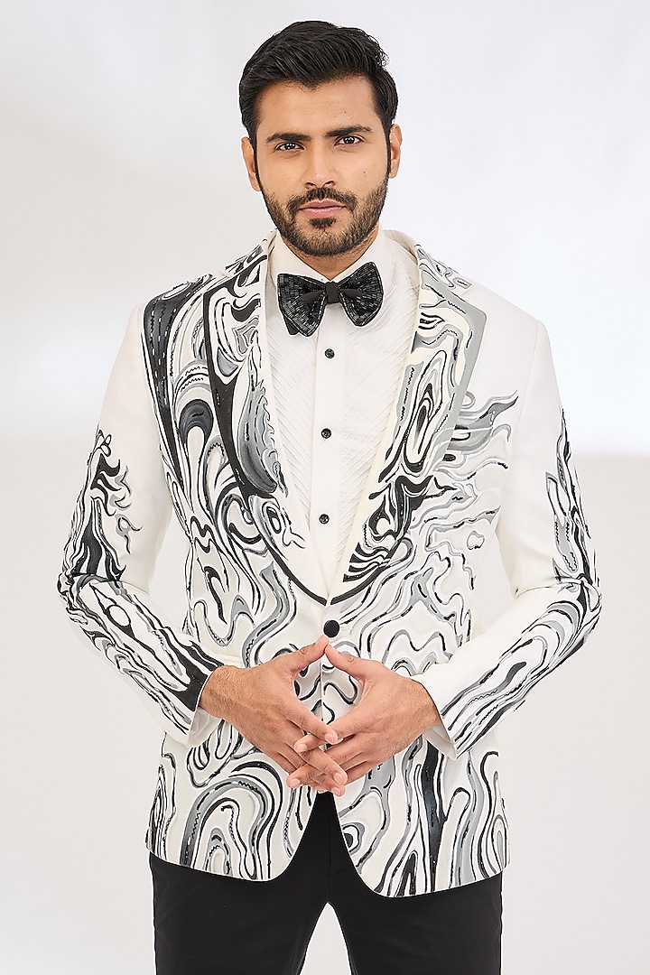 White Italian Crepe Hand Painted Tuxedo Set by Dev Kumar