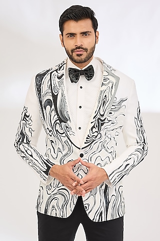 White Italian Crepe Hand Painted Tuxedo Set by Dev Kumar