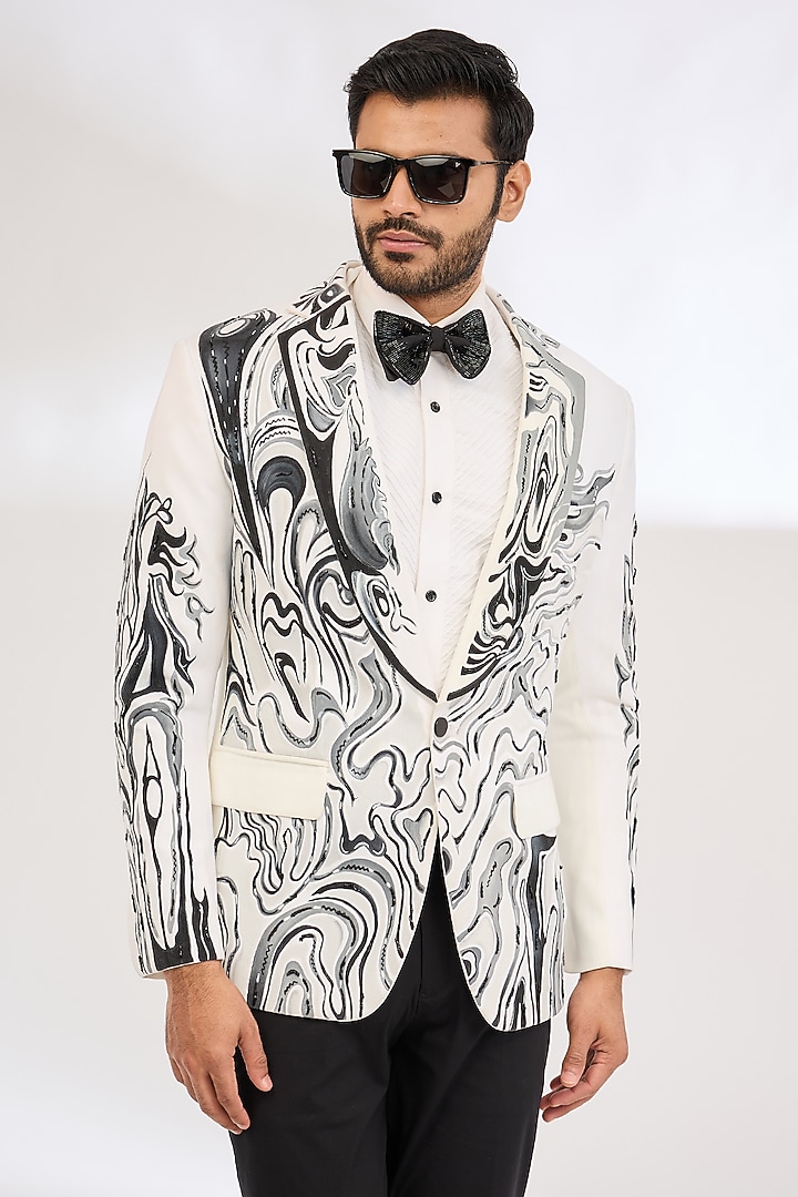 White Italian Crepe Hand Painted Tuxedo Set by Dev Kumar at Pernia's Pop Up Shop
