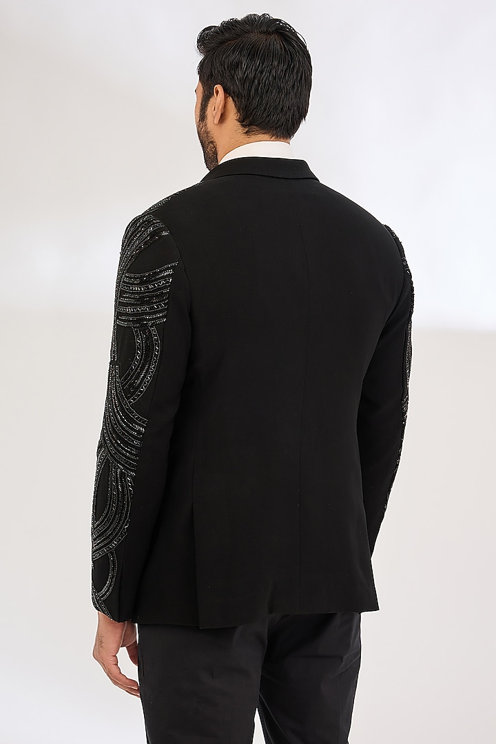 Black Italian Crepe Cutdana Hand Embroidered Tuxedo Set by Dev Kumar at Pernia's Pop Up Shop
