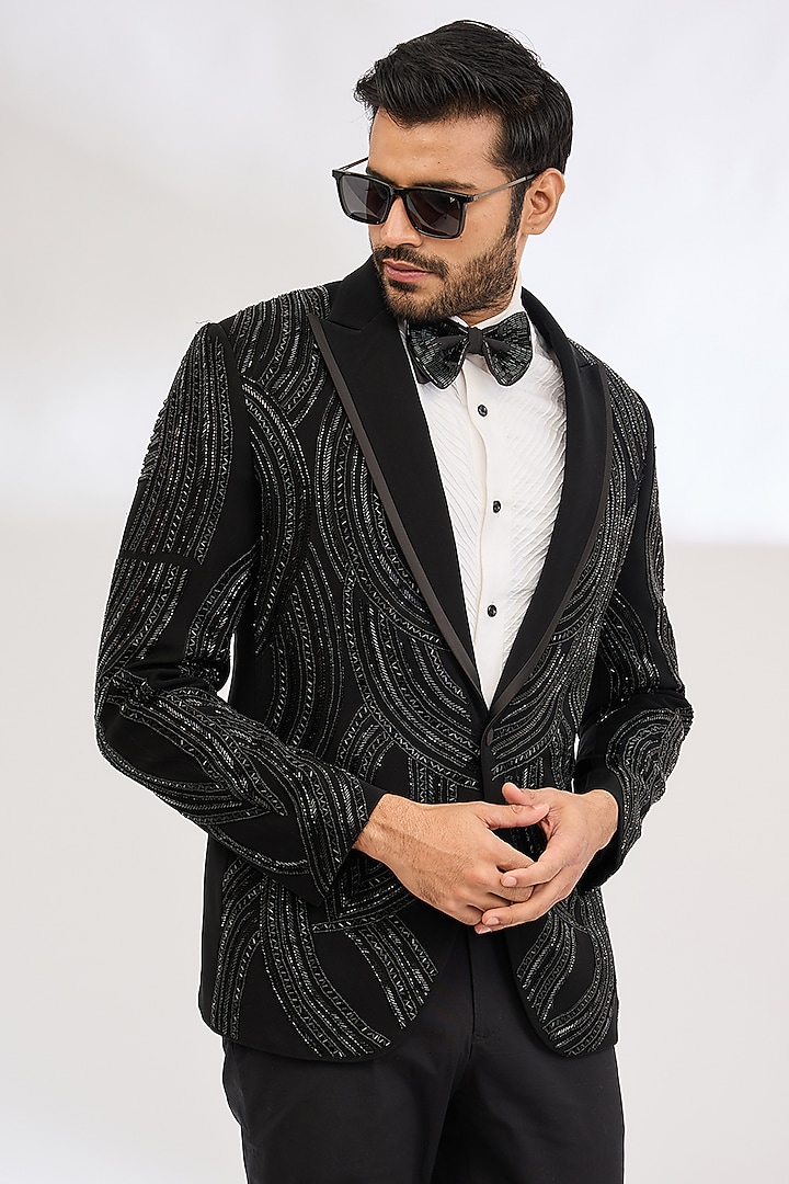 Black Italian Crepe Cutdana Hand Embroidered Tuxedo Set by Dev Kumar at Pernia's Pop Up Shop