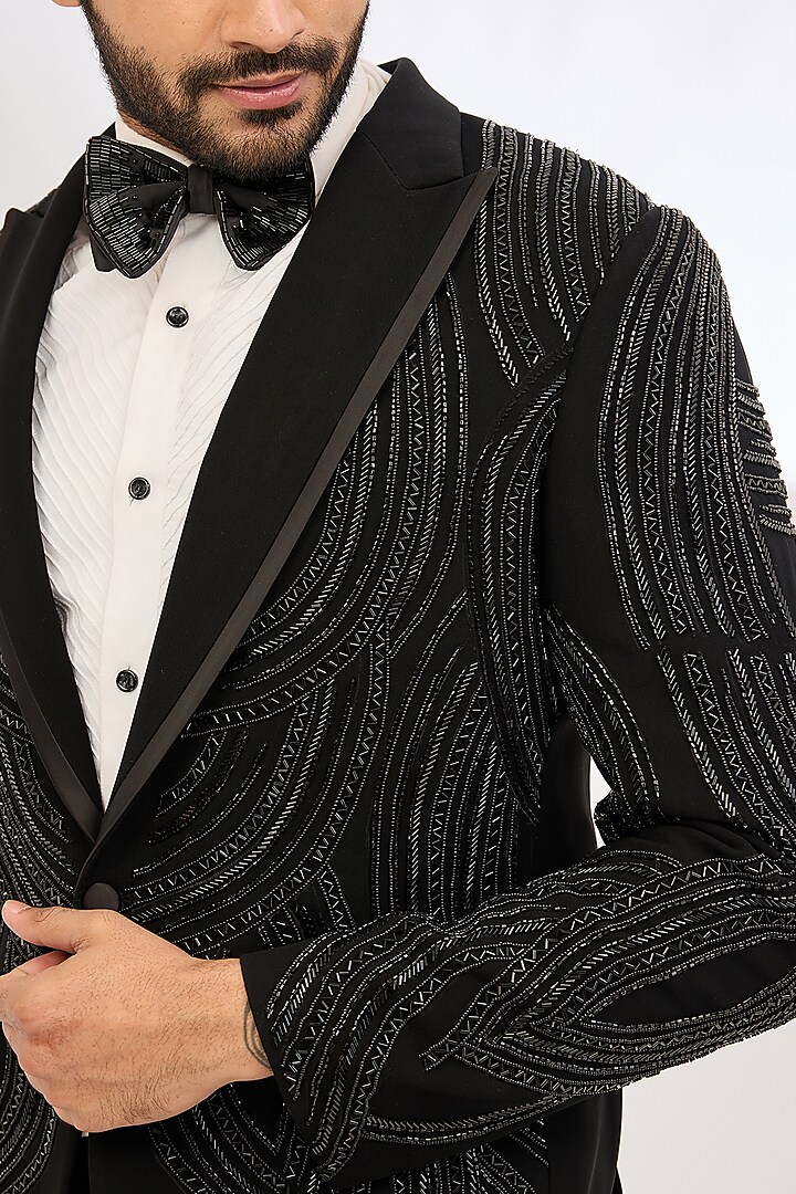 Black Italian Crepe Cutdana Hand Embroidered Tuxedo Set by Dev Kumar at Pernia's Pop Up Shop