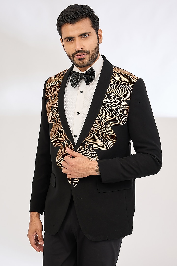 Black Italian Crepe Metallic Tuxedo Set by Dev Kumar