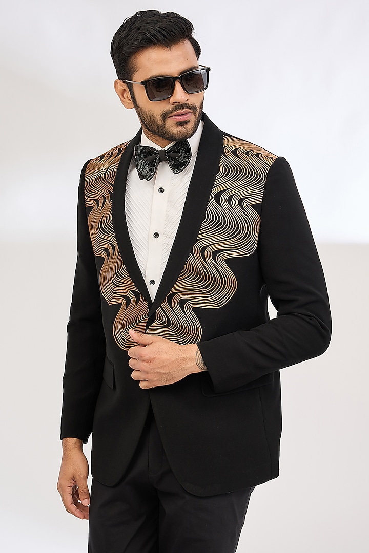 Black Italian Crepe Metallic Tuxedo Set by Dev Kumar at Pernia's Pop Up Shop