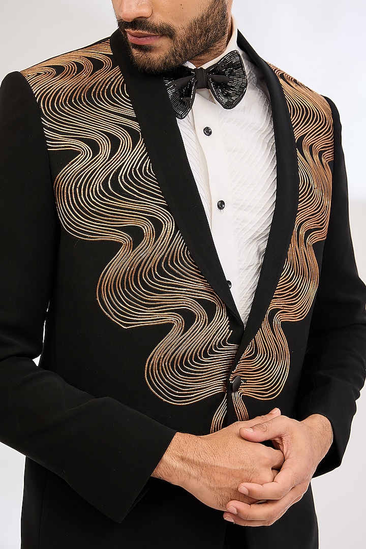 Black Italian Crepe Metallic Tuxedo Set by Dev Kumar at Pernia's Pop Up Shop