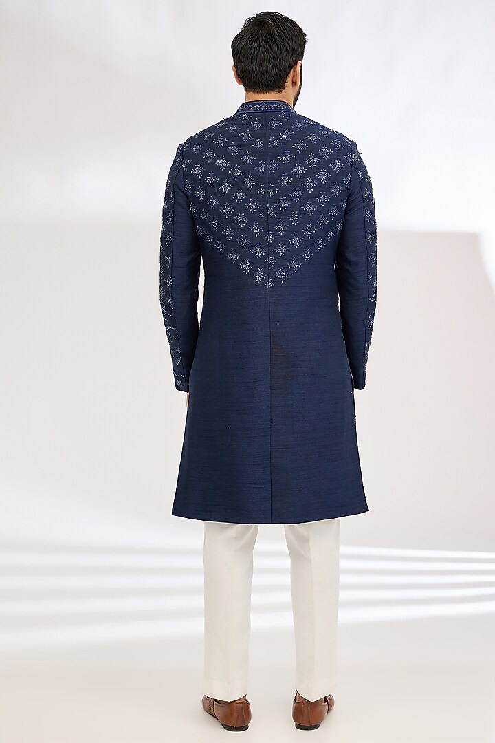 Blue Raw Silk Cutdana & Resham Work Groom Indowestern Set by Dev Kumar at Pernia's Pop Up Shop