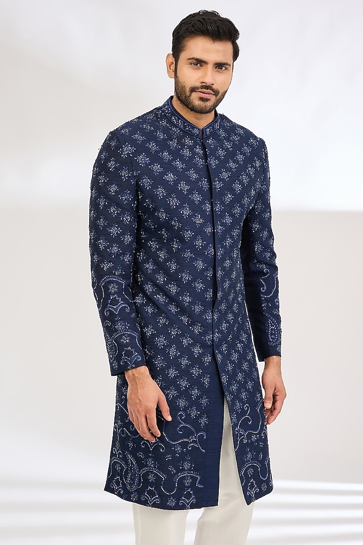 Blue Raw Silk Cutdana & Resham Work Groom Indowestern Set by Dev Kumar at Pernia's Pop Up Shop