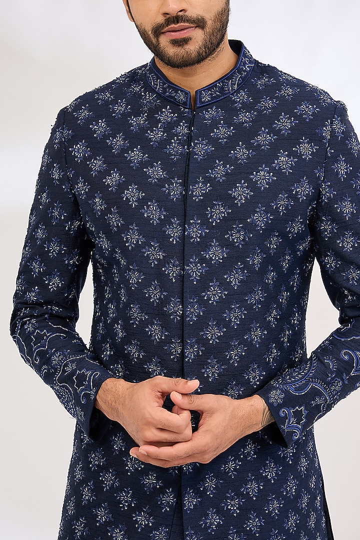 Blue Raw Silk Cutdana & Resham Work Groom Indowestern Set by Dev Kumar at Pernia's Pop Up Shop