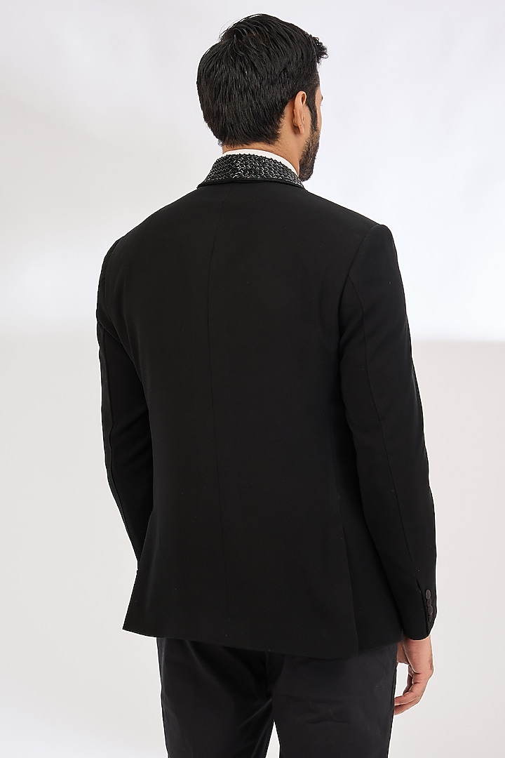 Black Italian Crepe Cutdana Hand Embroidered Tuxedo Set by Dev Kumar at Pernia's Pop Up Shop