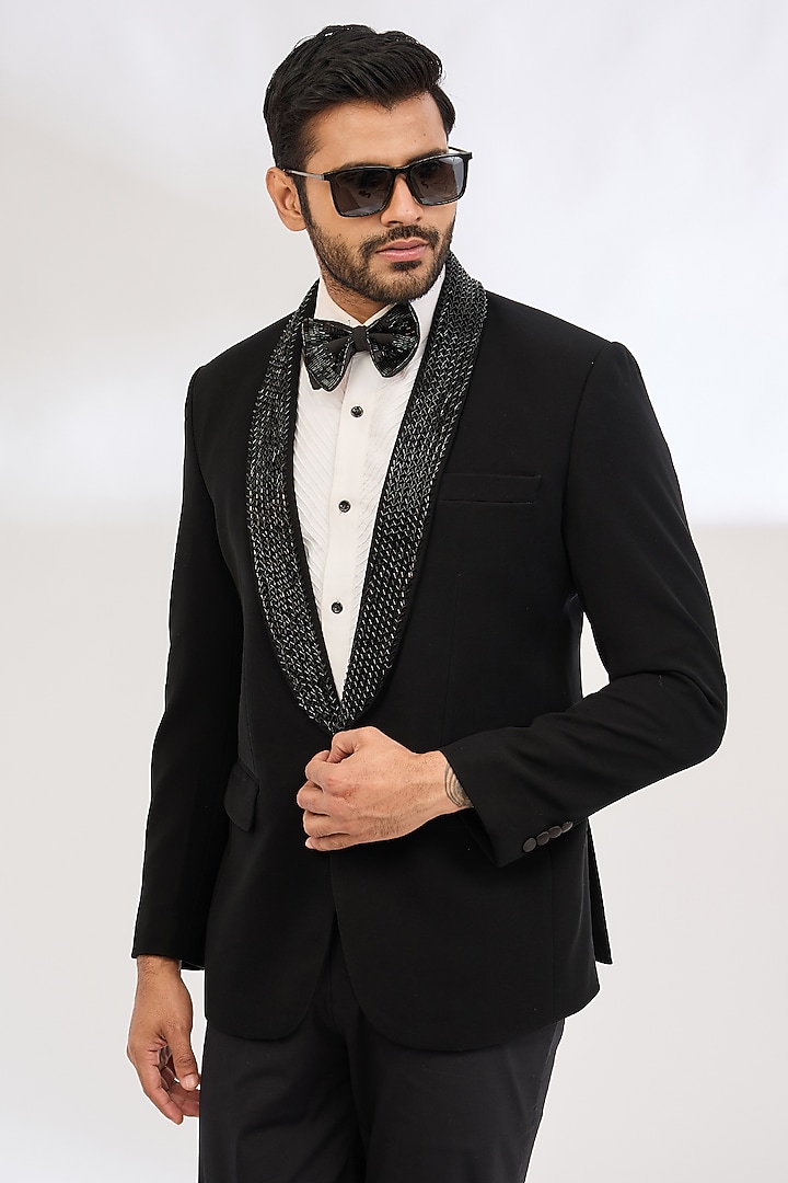 Black Italian Crepe Cutdana Hand Embroidered Tuxedo Set by Dev Kumar at Pernia's Pop Up Shop