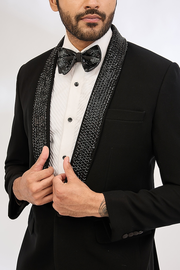 Black Italian Crepe Cutdana Hand Embroidered Tuxedo Set by Dev Kumar at Pernia's Pop Up Shop