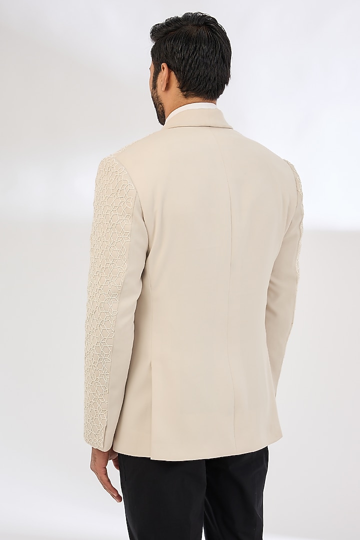 Beige Italian Crepe Pearl Hand Embroidered Tuxedo by Dev Kumar at Pernia's Pop Up Shop