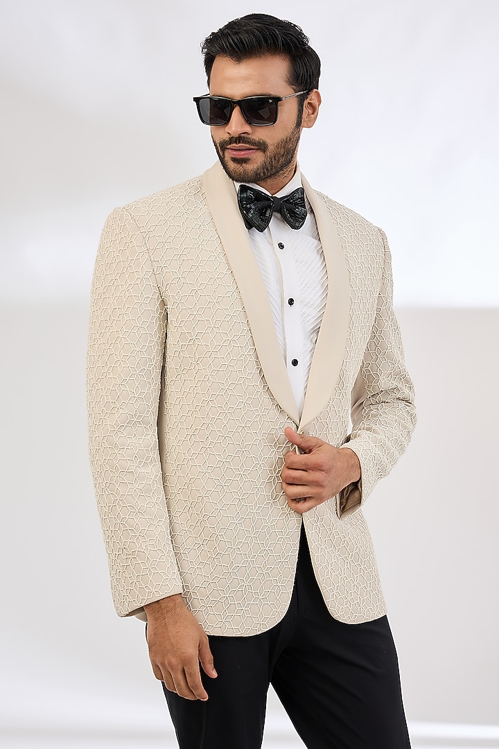 Beige Italian Crepe Pearl Hand Embroidered Tuxedo by Dev Kumar at Pernia's Pop Up Shop