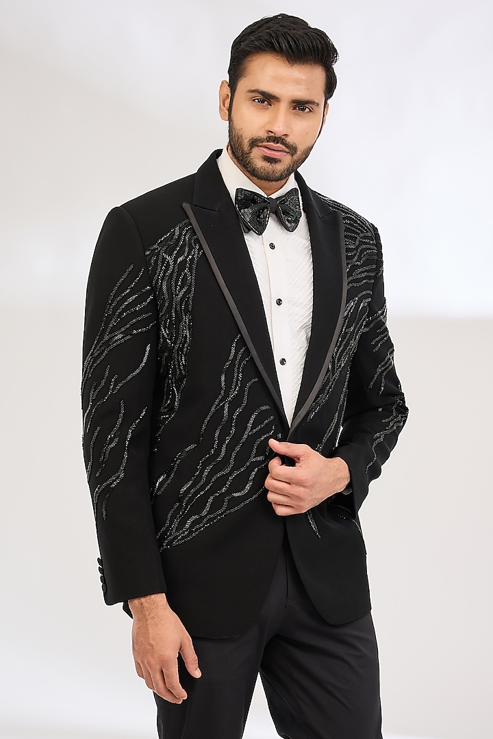 Black Italian Crepe Bead Hand Embroidered Tuxedo by Dev Kumar