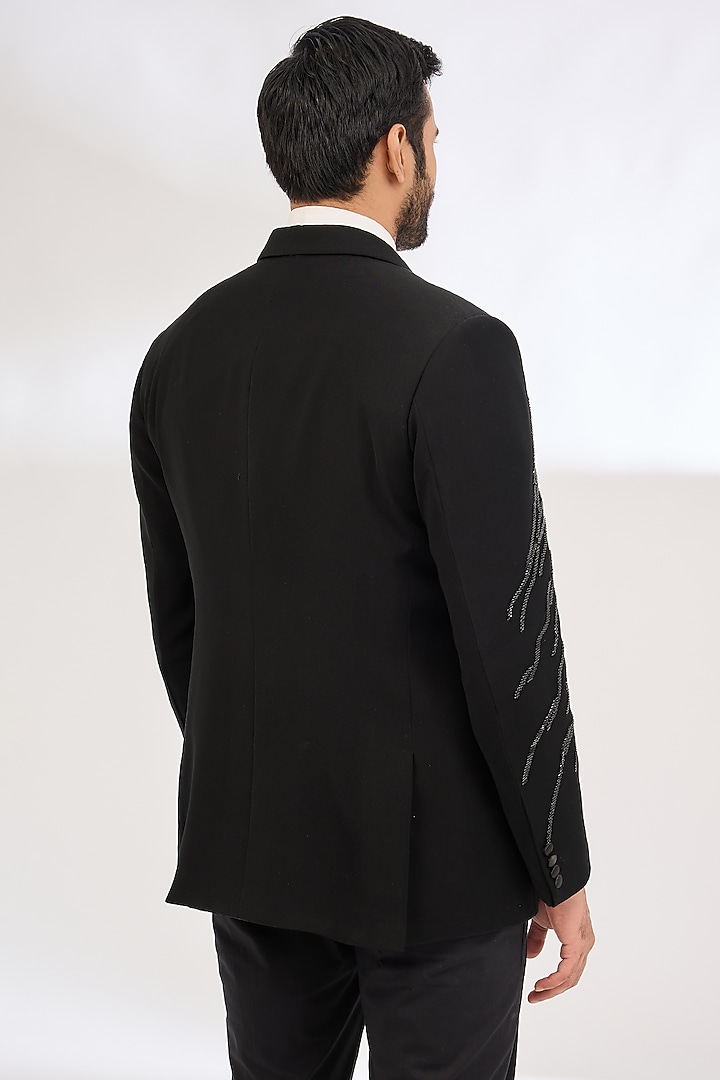 Black Italian Crepe Bead Hand Embroidered Tuxedo by Dev Kumar at Pernia's Pop Up Shop