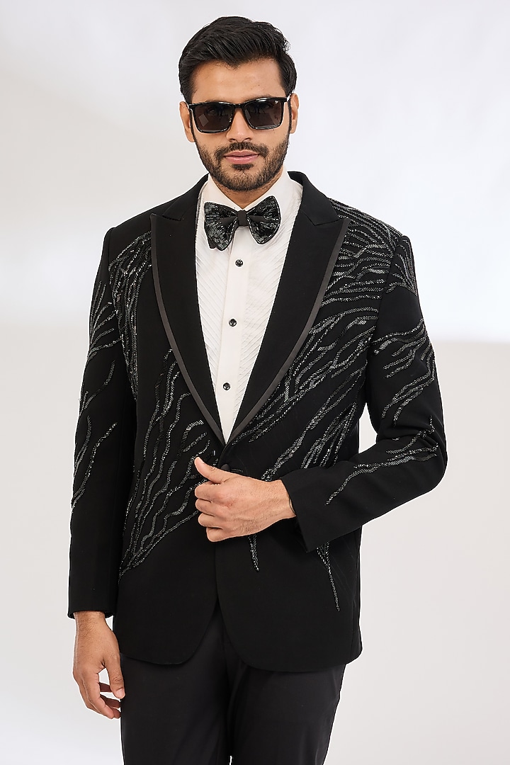 Black Italian Crepe Bead Hand Embroidered Tuxedo by Dev Kumar at Pernia's Pop Up Shop